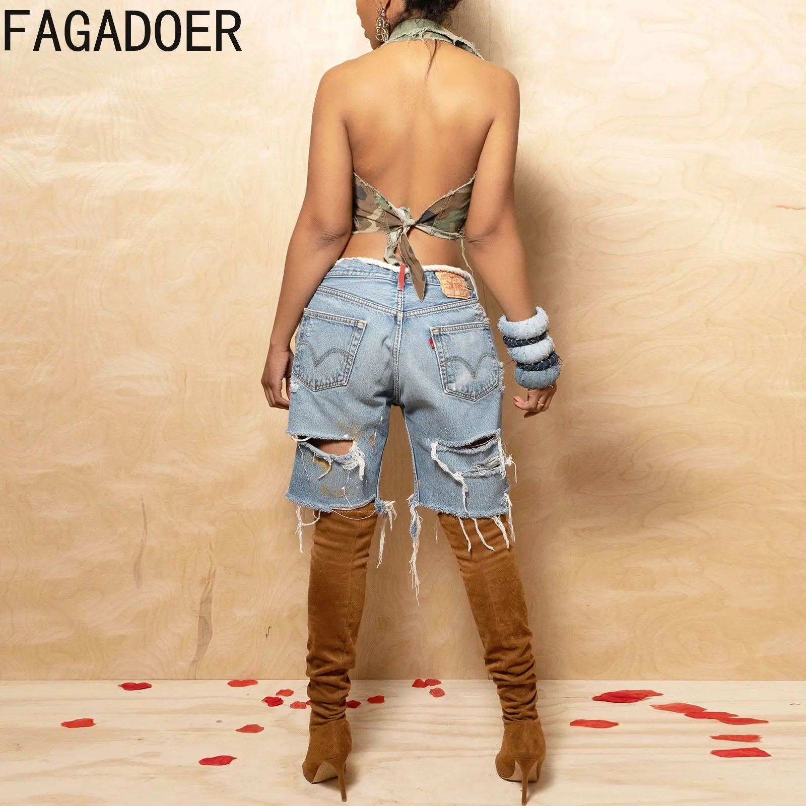 FAGADOER-Pantalon imprimé à trous pour femme, streetwear décontracté, taille haute, bouton, jean droit, été, style Harajuku