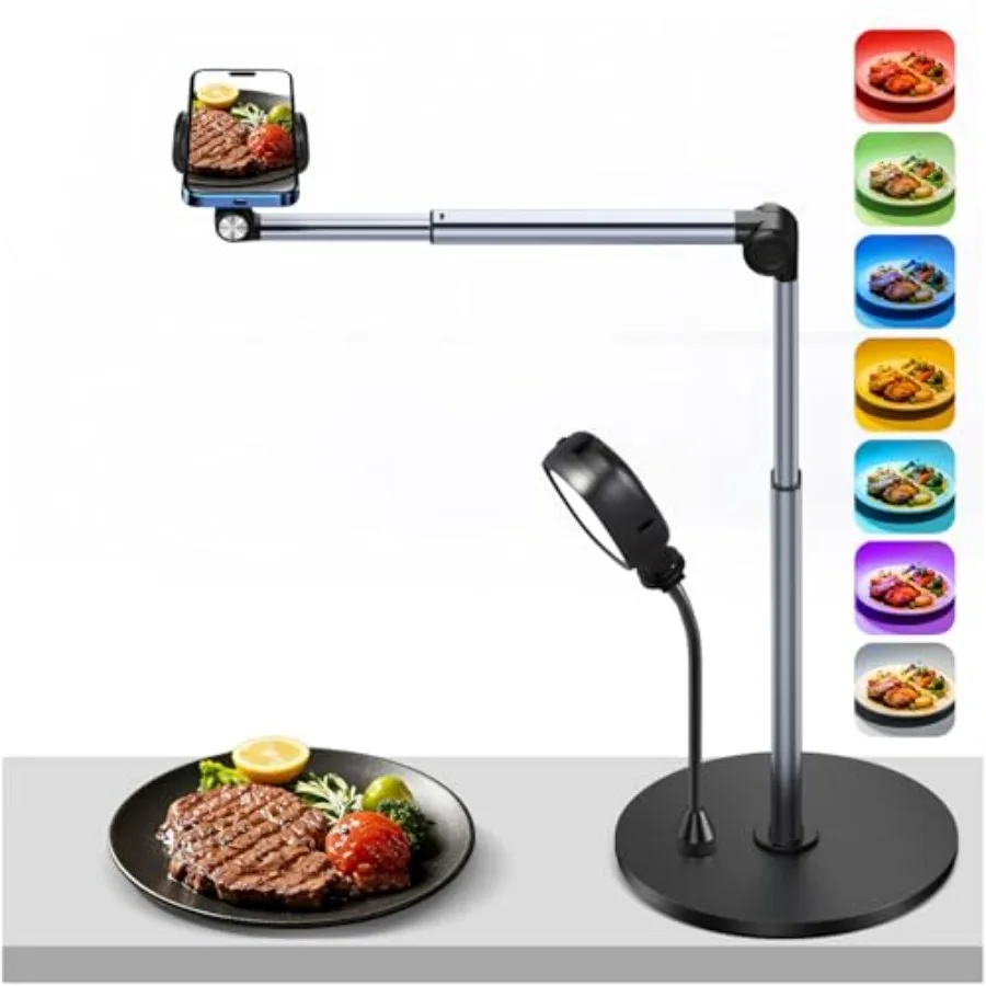 

Overhead Phone Mount with RGB Light, 13.7 in Long Phone Stand for Recording, Flexible Articulating Arm Phone Mount for Desk for