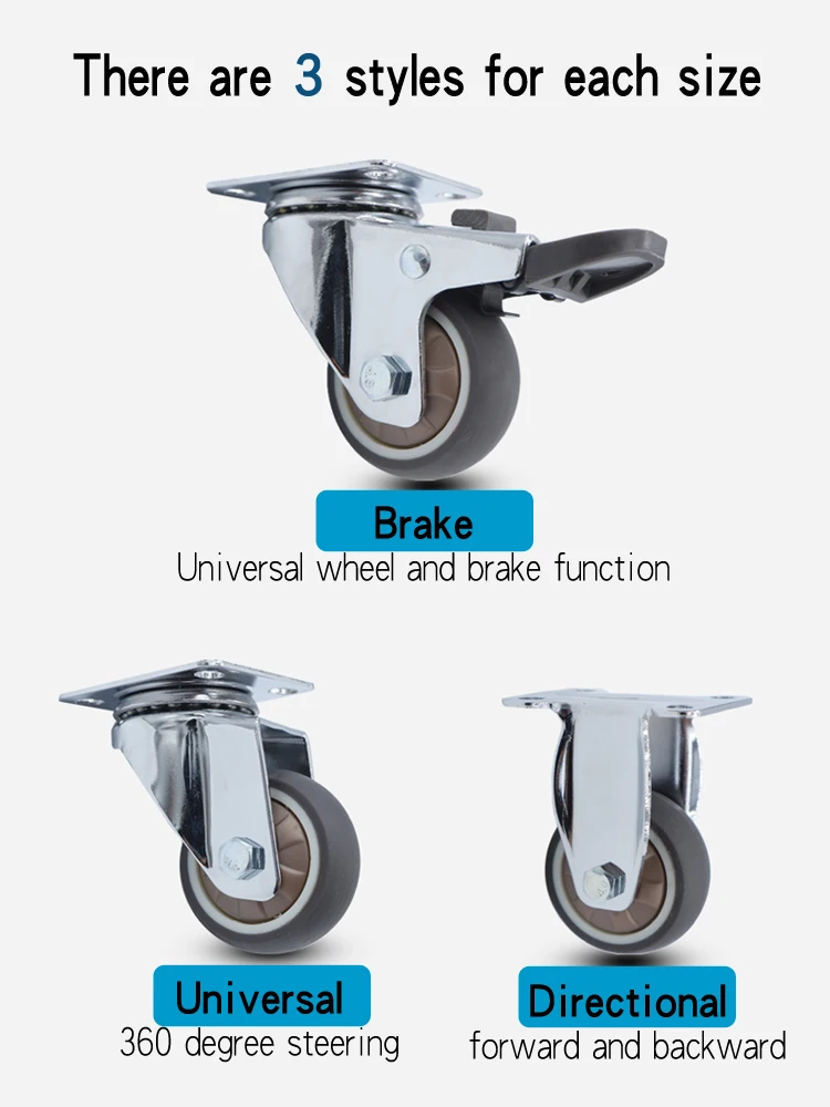 High-Quality Silent Universal Wheels Tpr Soft Rubber 1.5inch 2inch Multi-Size Multi-Style Brake Wheels Shoe Cabinet Furniture Coffee Table Sofa Non-Damaging Floor Casters