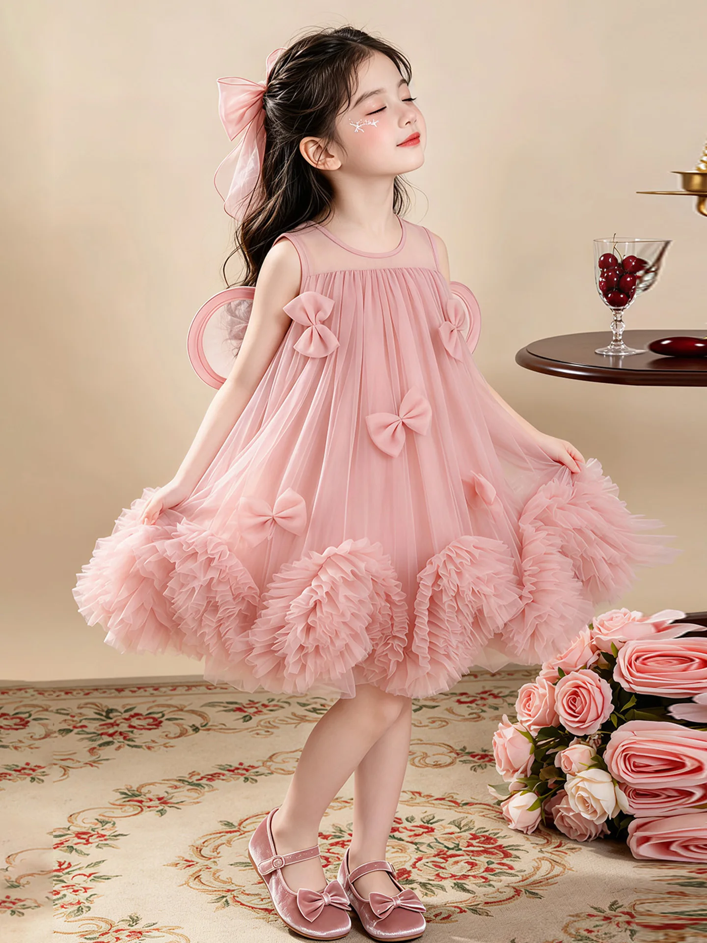 Vestido de Princesa Rosa com Laço de Borboleta para Meninas, Vestido de Fada Rodado de Verão para Crianças, Fantasia de Anive...
