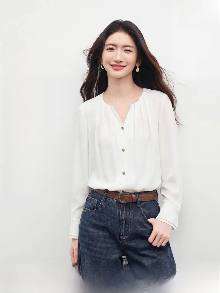 

Женская драпированная блузка с V-образным вырезом, весна 2026, новая модель, двухслойная, с круглым вырезом, для повседневной носки, простой дизайн, полиэстер