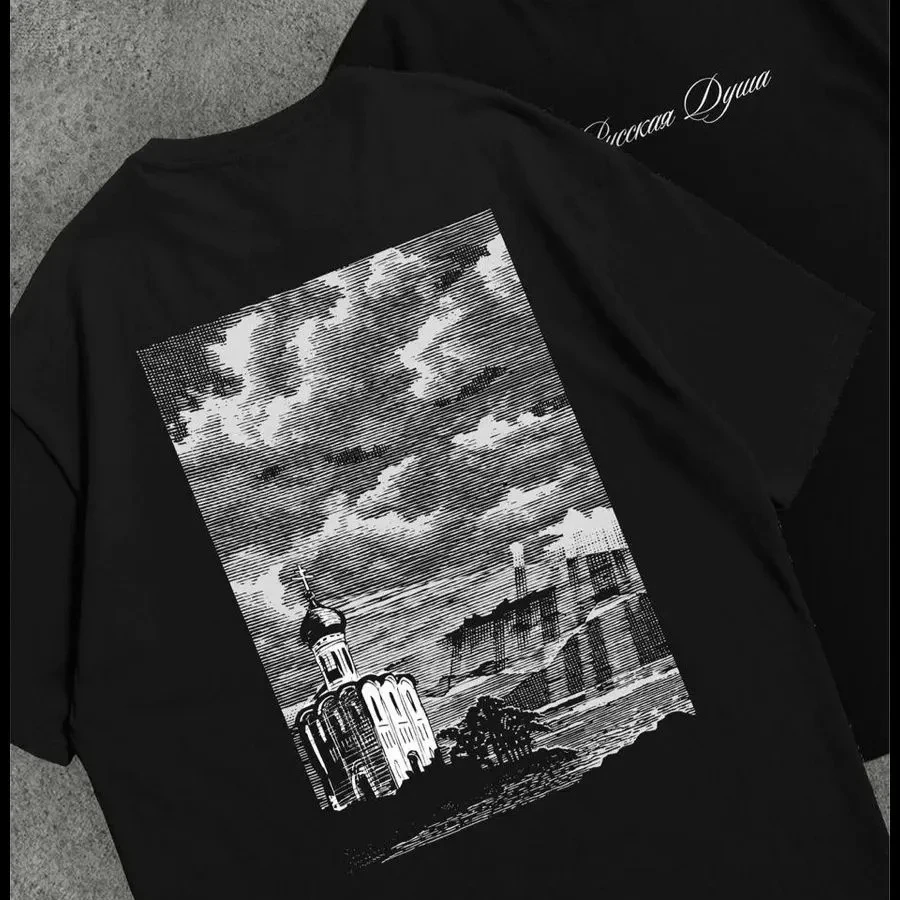 Vintage Russian Graphic T Shirt Men Double Headed Eagle Architecture Printed Tee Oversized Dark Streetwear Casual Tops