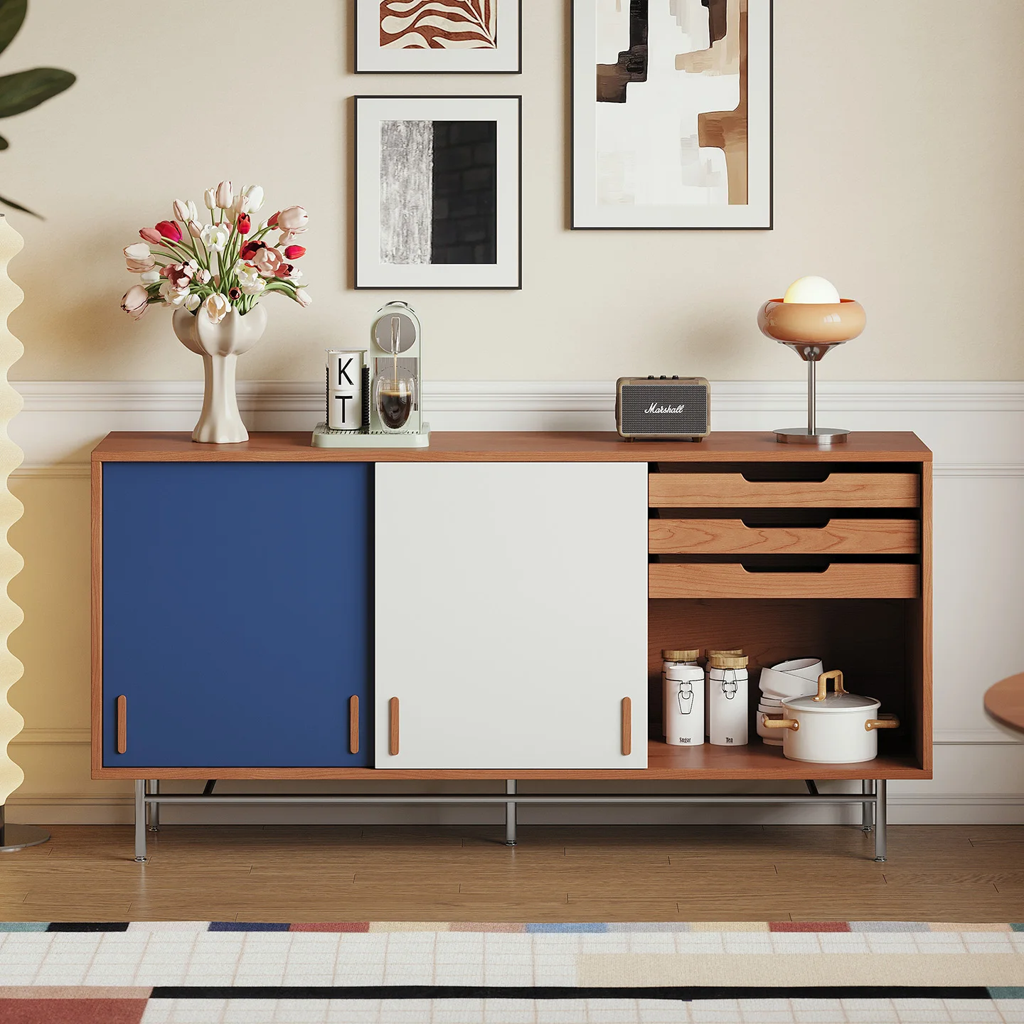 

Bauhaus Medieval Storage Solid Wood Stainless Steel Legs Moonrise Side Cabinet Sliding Door Dining Room LivingRoom Single Cabin