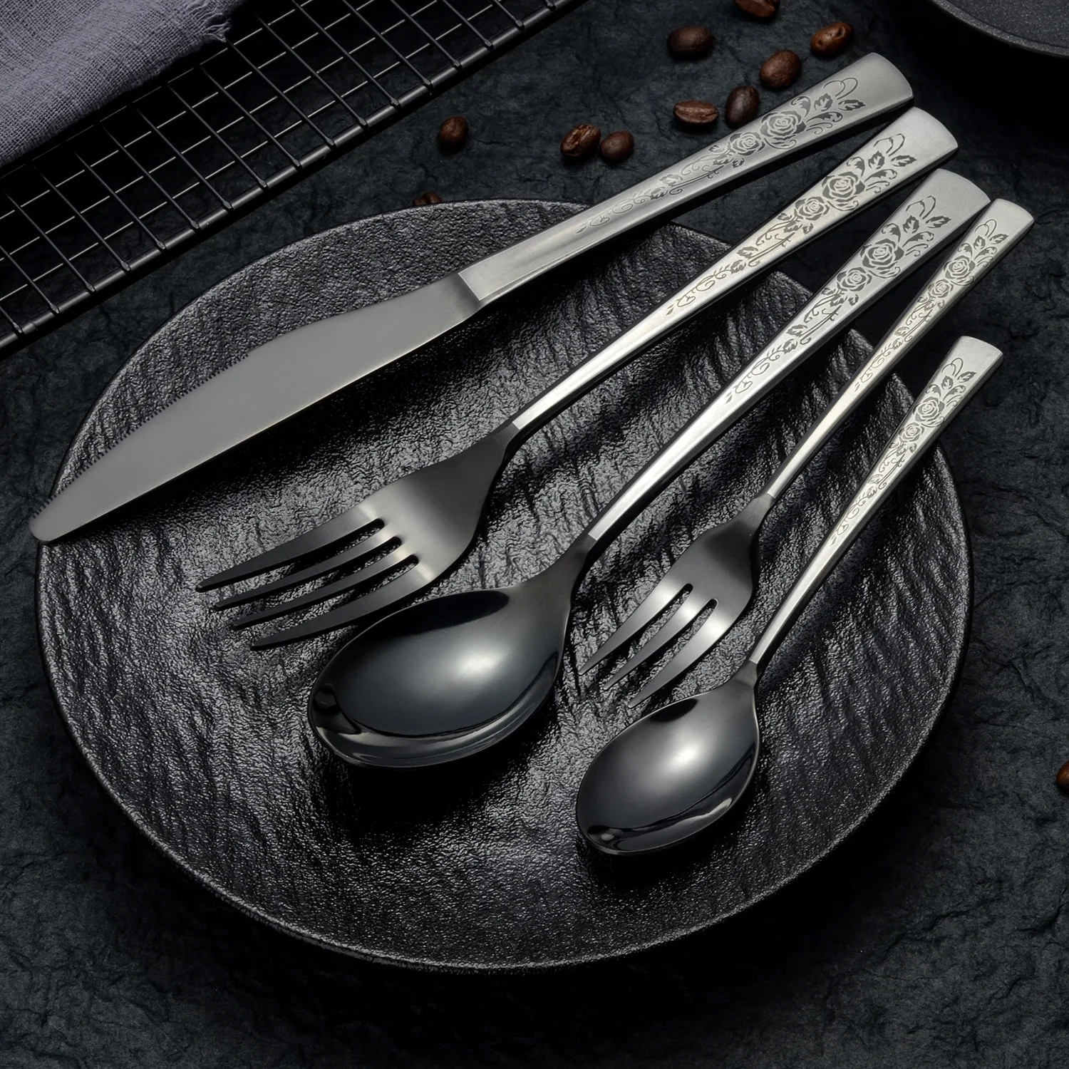 Black Laser Rose Knife Fork Spoon Dinnerware Wedding Birthday Matte Tableware Set 4/5/6/16/20/24/30/36Pcs Family Camping Cutlery