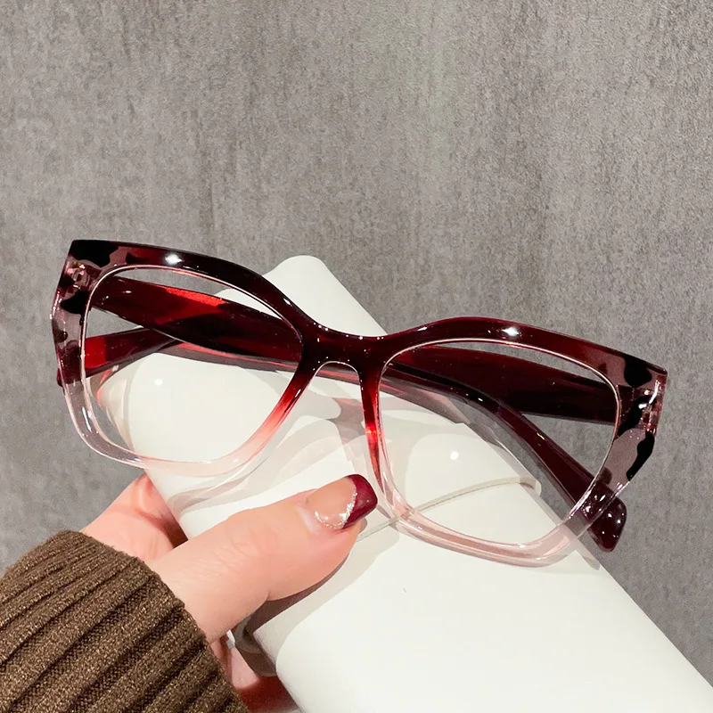 2024 New Cat Eye Women's Fashion European and American Contrast Color PC Glasses Frame Flat Mirror Large Frame Glasses