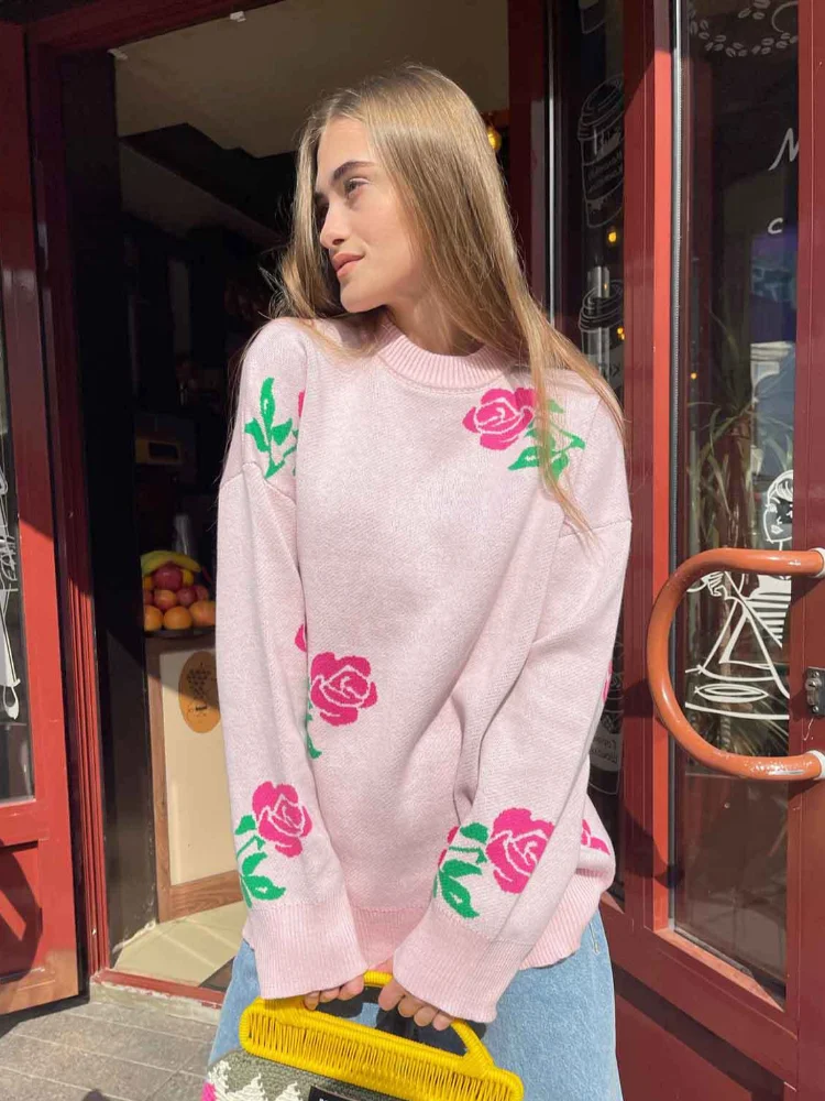 

Pink Elegant Flower Printed O-neck Sweater For Women Autumn Fashion Long Sleeves Casual Knitted Pullover Lady New Loose Knitwear
