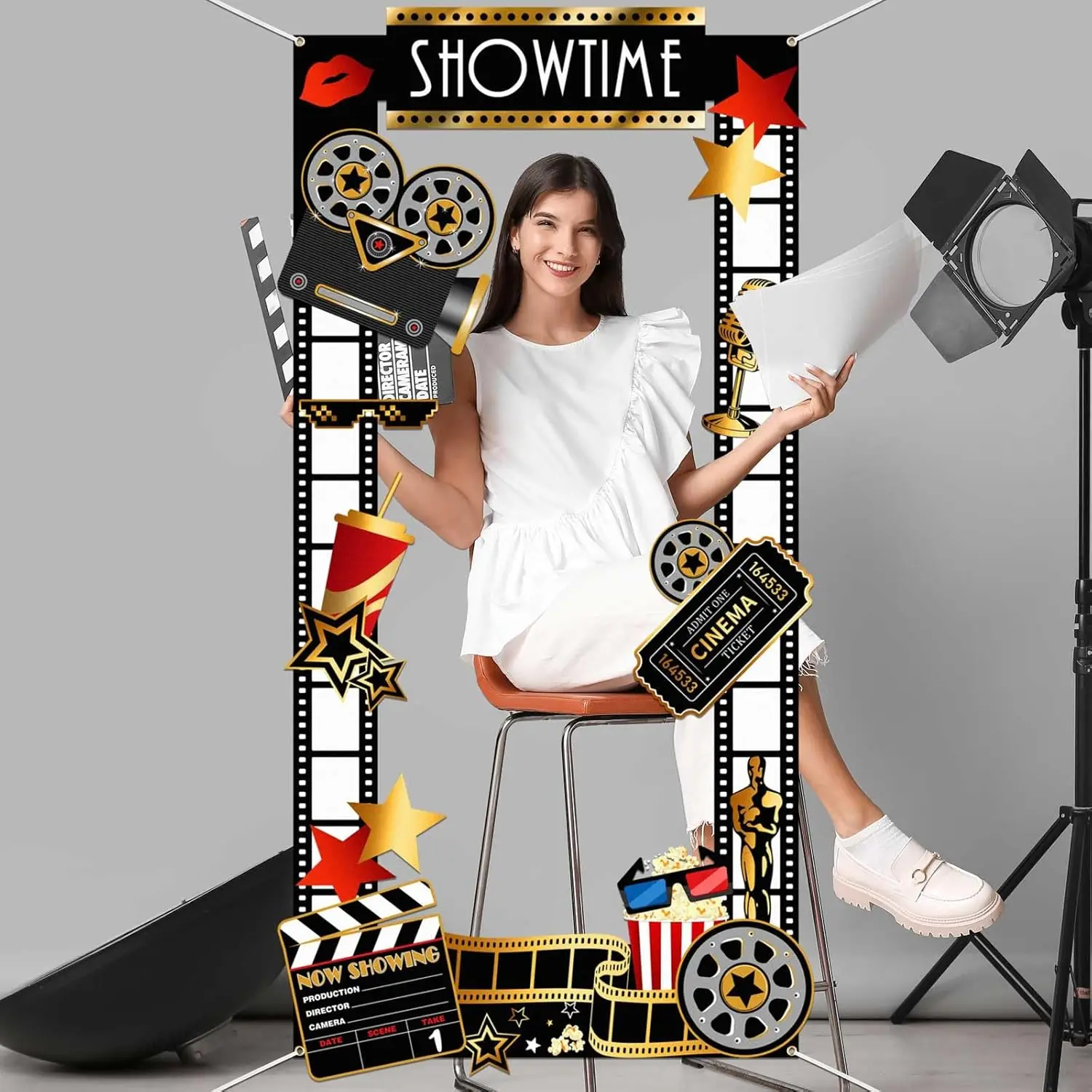Decoraciones para fiestas nocturnas de películas, accesorios para fotomatón con tema de películas, pancarta de tiempo, telón de fondo para fiestas nocturnas de películas, suministros para fiestas de películas