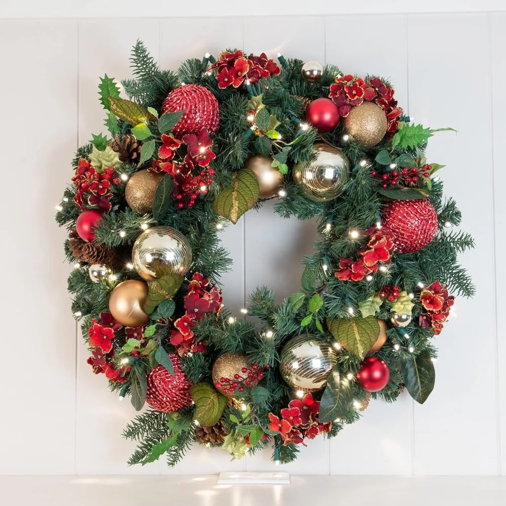 [30 Inch Artificial Christmas Wreath] - Scarlet Hydrangea Collection - Red and Gold Decoration - Pre Lit with 50 Warm Clear Colo