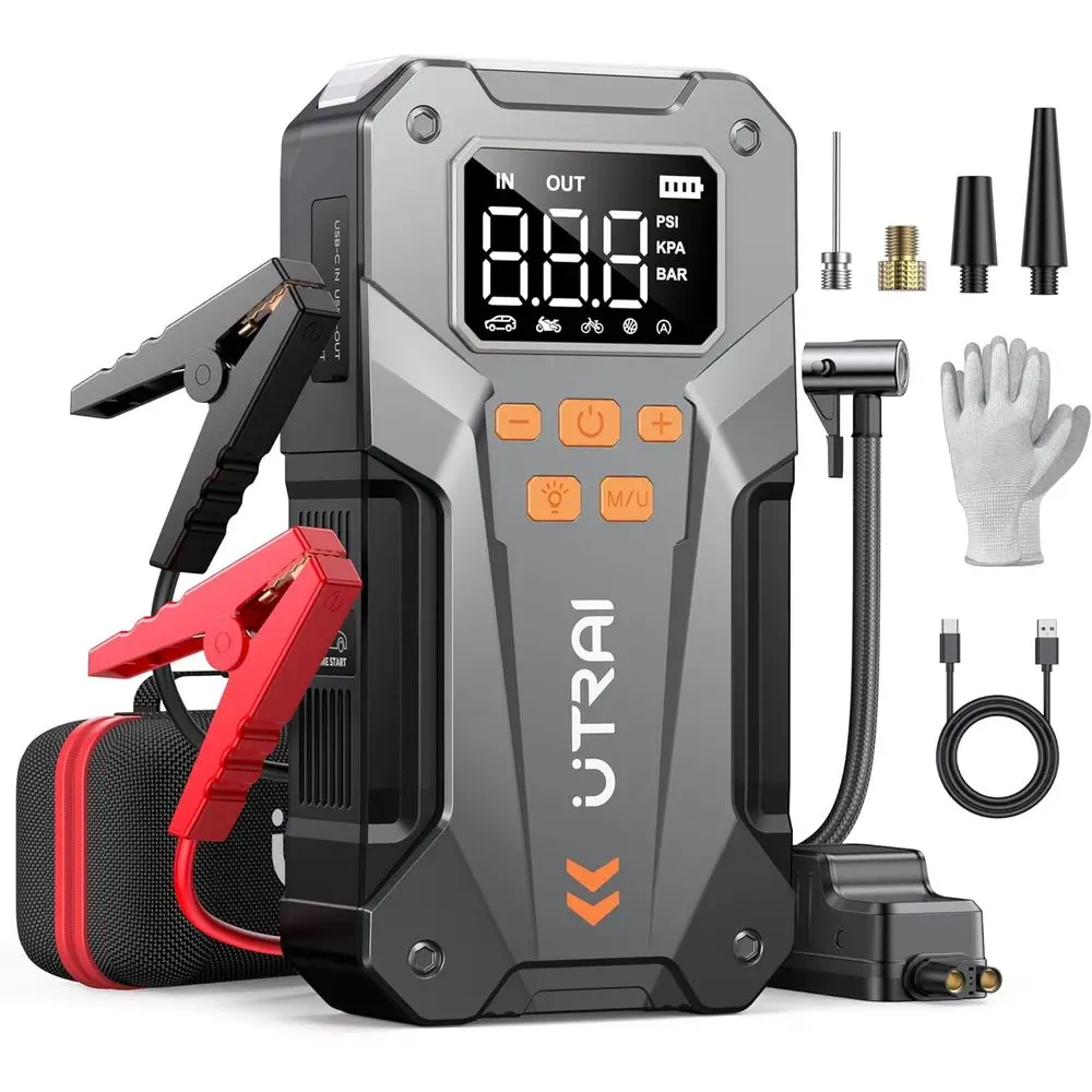 

Portable 12V Jump Starter with Air Compressor, 5000A 150PSI, LED Light, Jumper Cables, Storage Case