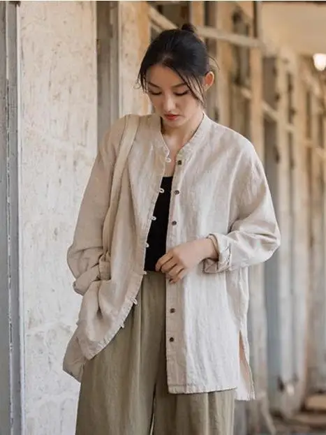 

Loose Fit Long Sve Cotton Linen Women's irt Stand Collar New Chinese Sle Zen Buddhist Thin Outerwear plus Size Top