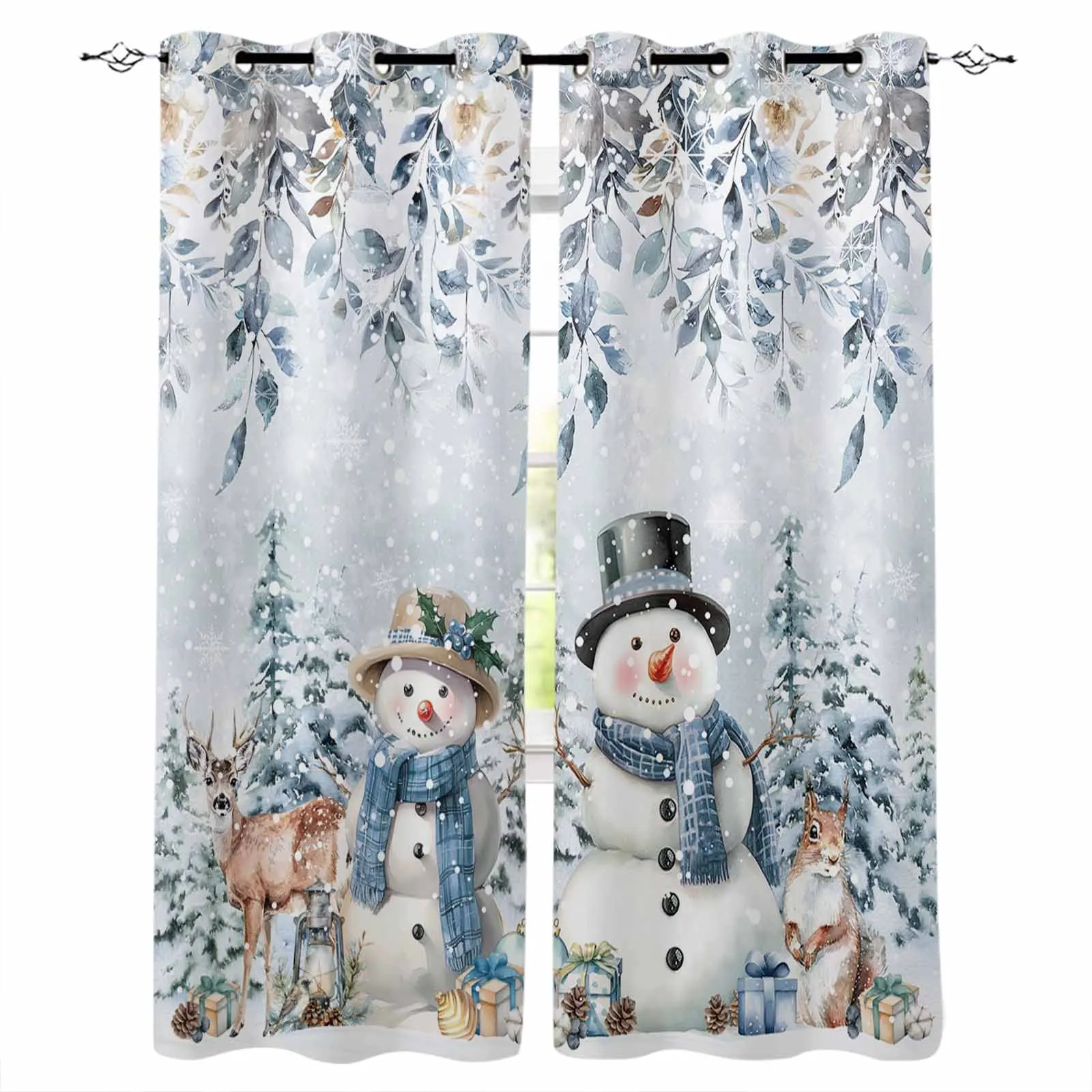 Christmas Leaves Flower Snowman Elk Squirrel Curtains for Living Room Bedroom Decor Window Treatment Drapes Kitchen Curtains