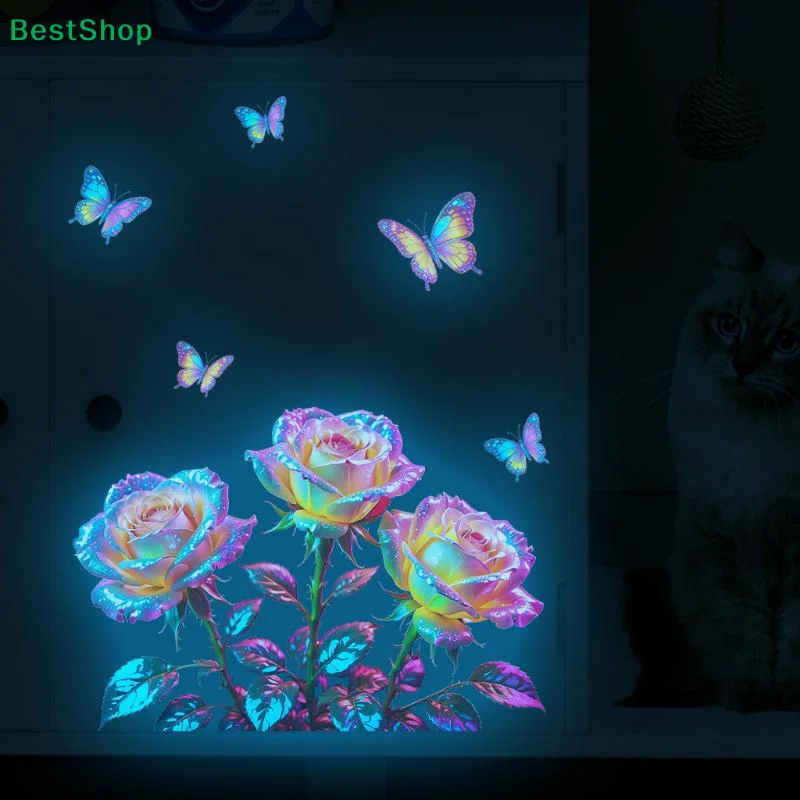 〔R〕Luminous Rose & Butterfly Toilet Decal, Glow in the Dark Floral Wall Sticker for Bathroom WC Decor