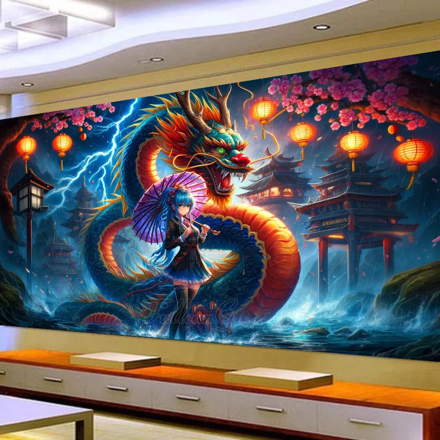 New Diy Diamond Painting Kits Large Size Chinese Dragon Temple Full Rhinestone Drill Cartoon Girl Mosaic Embroidery Picture