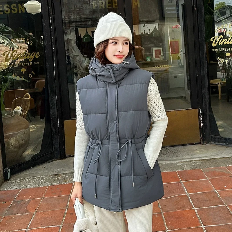 

New 2025 Women's Cotton Vest Autumn Winter Cotton-padded Coat Parkas Korean Version Fashion Slim Hooded Cotton Vest Clip