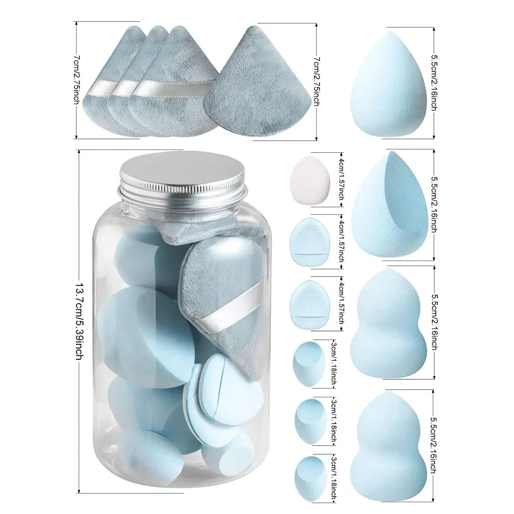 Conjunto de mini esponja cosmética estilo pote de mel, 15 peças, 4 grandes liquidificadores de beleza, 4 sopros de pó em forma de leque, 4 mini liquidificadores de beleza e
