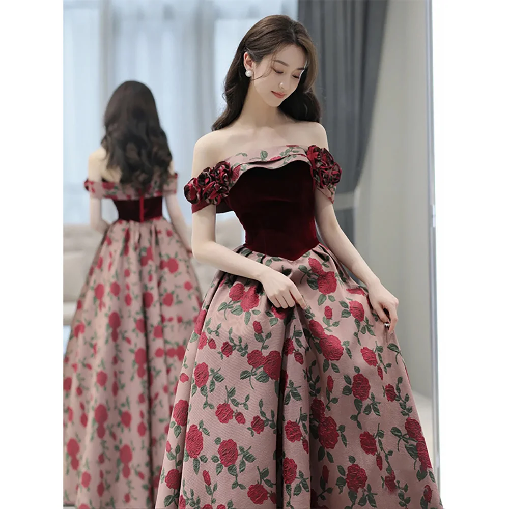 

Off Shoulder Evening Dress Formal Banquet Red Floral Long Dresses Princess Women Engagement Party Dress Quinceanera Ball Gown