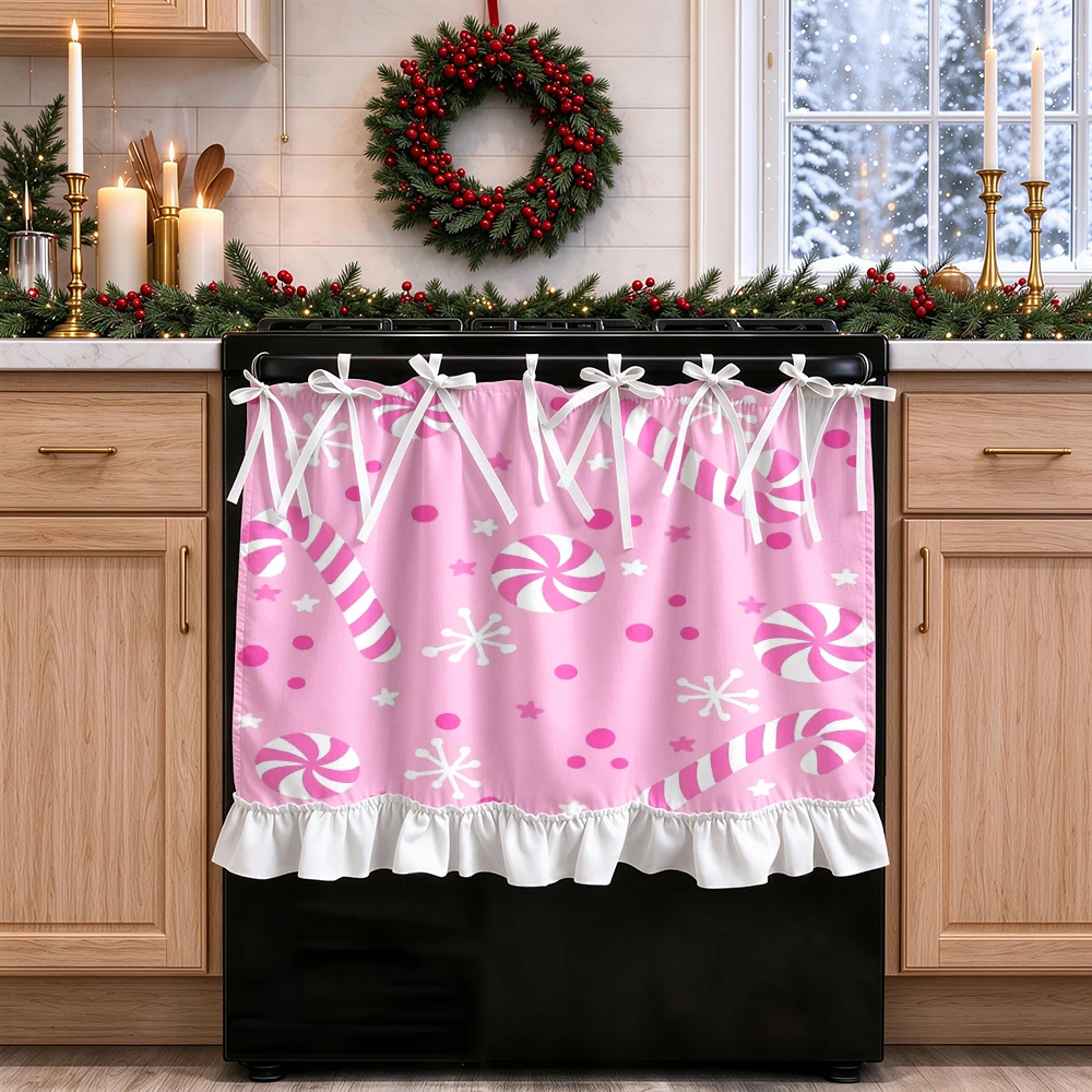 1PC Christmas Tie Up Kitchen Curtain, Pink Candy Cane Peppermint Swirl Snowflake, Digital Print, Kitchen Dining Room, Home Decor