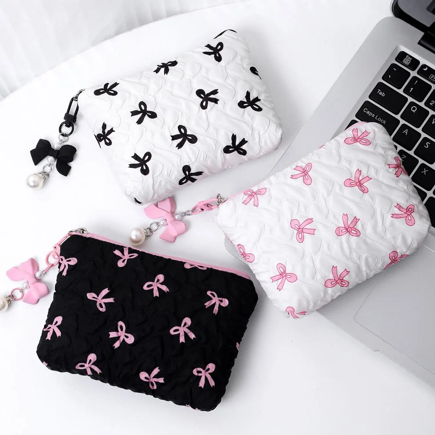 

Cute Little Bow Cosmetic Bag Cotton Makeup Bag For Women Travel Girls' Make Up Organizer High-capacity Portable Toiletry Pouch