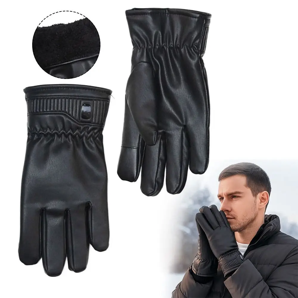 

Waterproof Black Winter Gloves PU Leather Warm Driving Gloves Full Fingers Palm Touch Screen Gloves Outdoor Sports