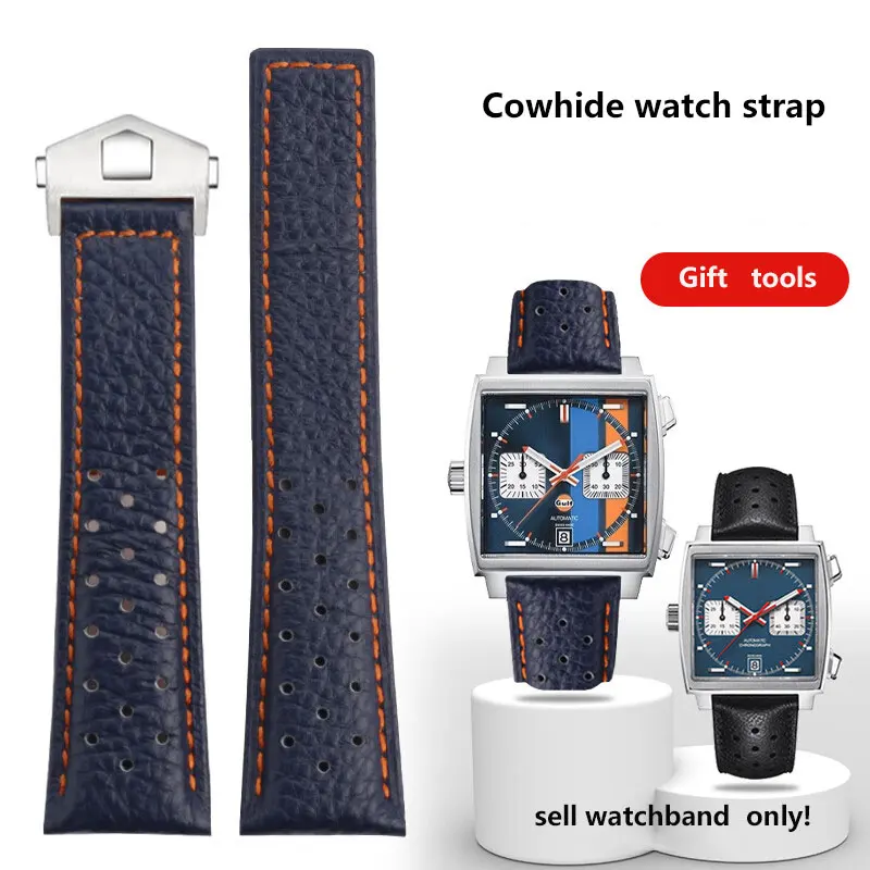 For Heuer TAG Watch Carlisla/Jingqian/Monaco Square Racing Cowhide Watch Strap for Huawei GT Universal Lea-ther Watch Strap 22mm