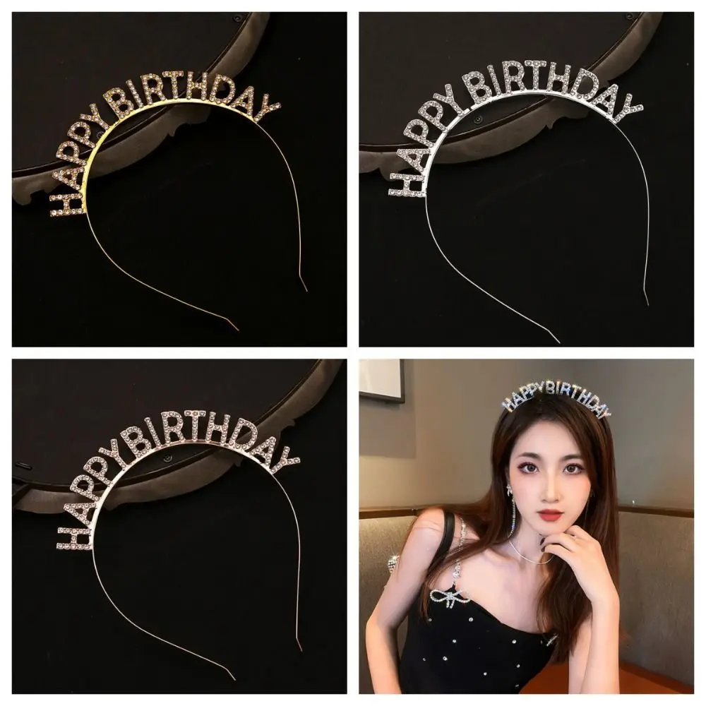 Exquisite Female Jewelry Birthday Queen Headband Letter Birthday Gift Diamond Crown Crystal Hairband Birthday Hair Hoop Women