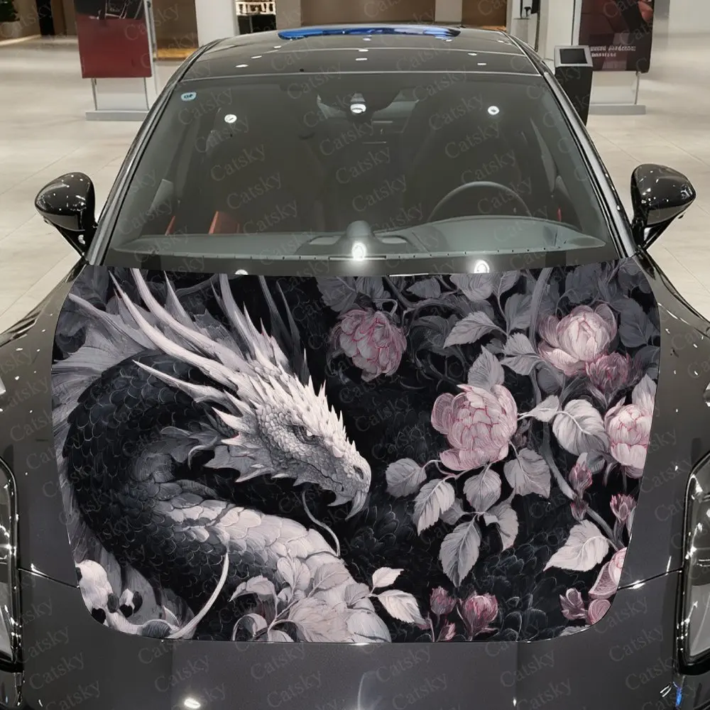 Silver Dragon & White Rose Cluster Car Vinyl Wrap, PVC Waterproof Car Hood Sticker, Self-Adhesive Scratch-Resistant Stickers