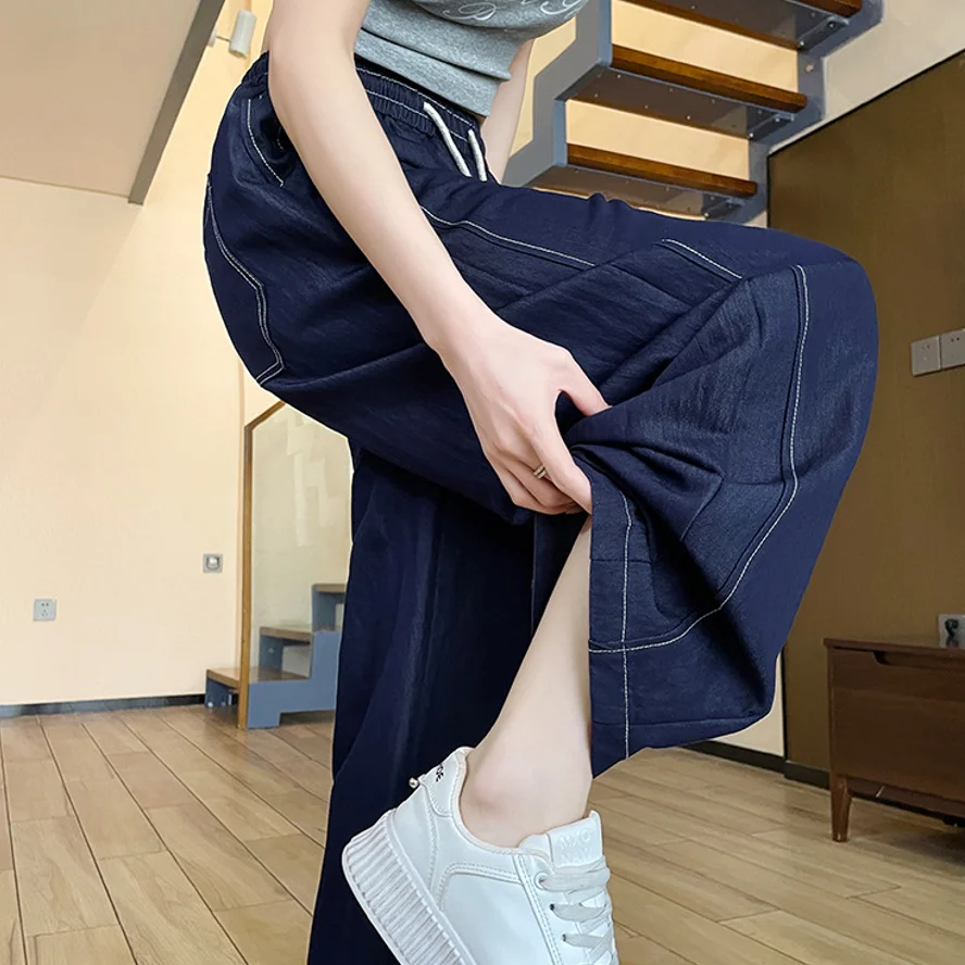 بنطلون جينز نسائي خفيف الوزن وواسع الساق من Yapher بخصر عالٍ مع بنطال برباط مرن يسمح بمرور الهواء باللون الأزرق الداكن