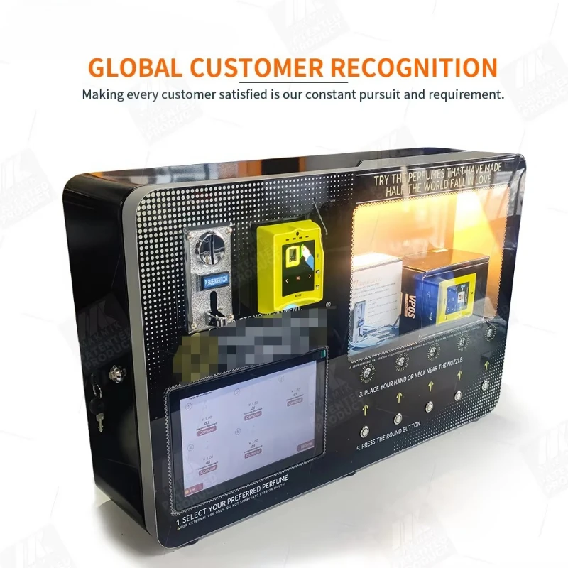 Stylish and unique perfume spray vending machine with coin and token payment system