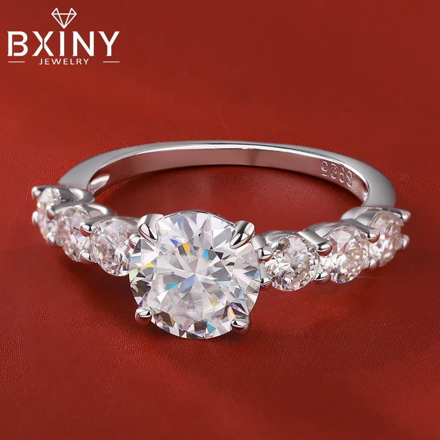 BXINY 2Carat Full Moissanite Ring Pure S925 Silver Round Brilliant Cut Diamond for Women Wedding Band Fine Jewelry GRA Certified