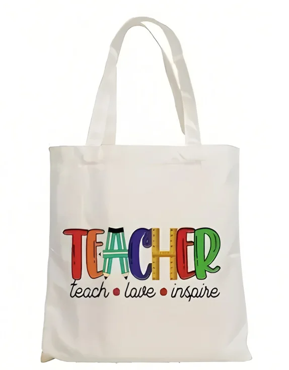 Color Block Teacher Letter With School Supplies Sunflower Print Canvas Tote Bag Handbag For Daily Commute And School Daily Use - view 3