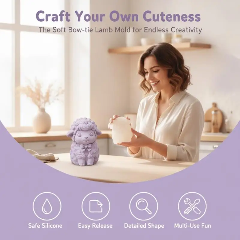 Cute Sitting Sheep Silicone Candle Mold with Bow Durable Long Lasting for DIY Handmade Wax Candle Art Craft Projects