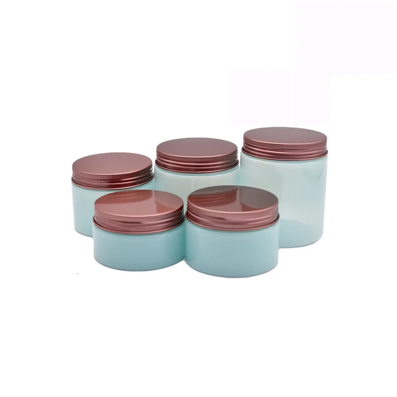 

24Pcs Cosmetic Jar Clear Blue Portable Packaging Pot Aluminum Bronze Lid 100g 120g 150g 200g 250g Refillable Plastic Containers