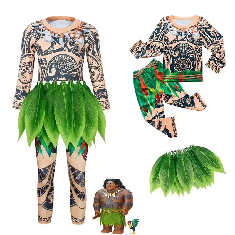 

Boys Costume Outfits Set Maui Tattoo Cosplay Halloween Dress Up Long Sleeve Clothes With Leaf Skirts