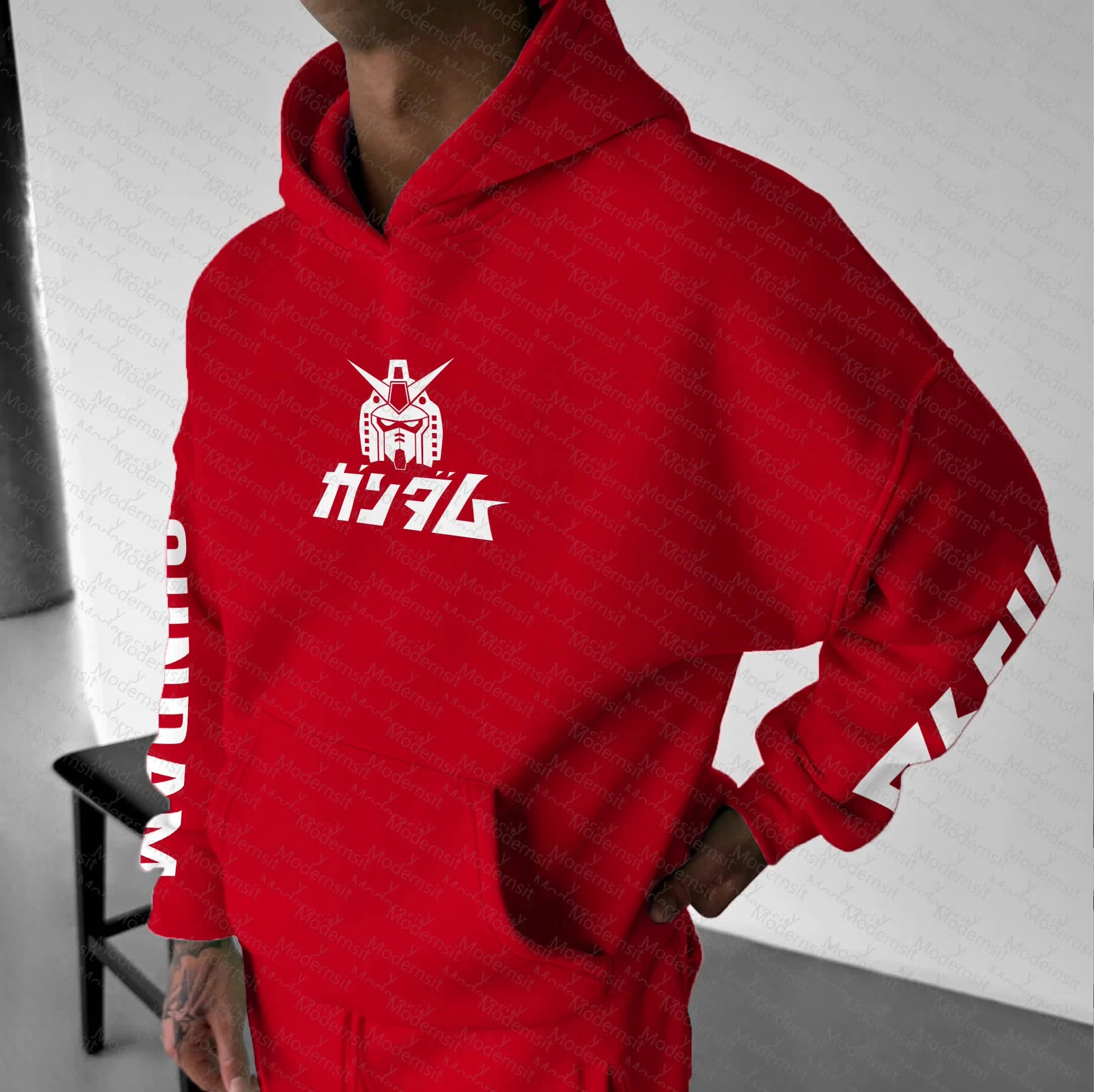 الرجال النساء GUNDAM أنيمي الأحمر هوديي الأبيض روبوت الجرافيك الشارع الشهير عادية فضفاضة تناسب الخريف الشتاء الجري اللياقة البدنية البلوز