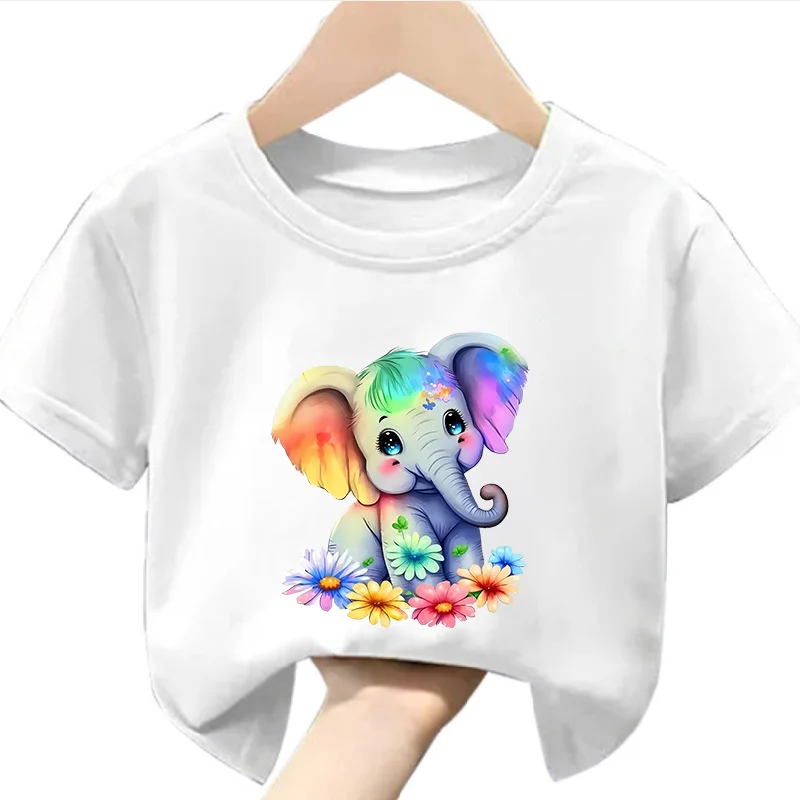 Children's Summer Children's Short Sleeve T-shirt Hipster Elephant Print Girls Clothes  Kids Clothes  white