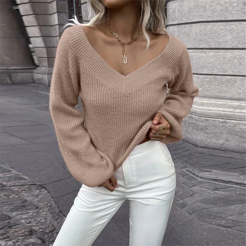 2023 European and American long sleeve pullover sweater women\'s autumn and winter new solid color versatile V-neck loose knitted