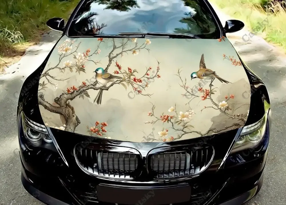 Birds on Tree Branch Painting Car Hood Vinyl Stickers Wrap Vinyl Film Engine Cover Decals Sticker on Car Auto Accessories