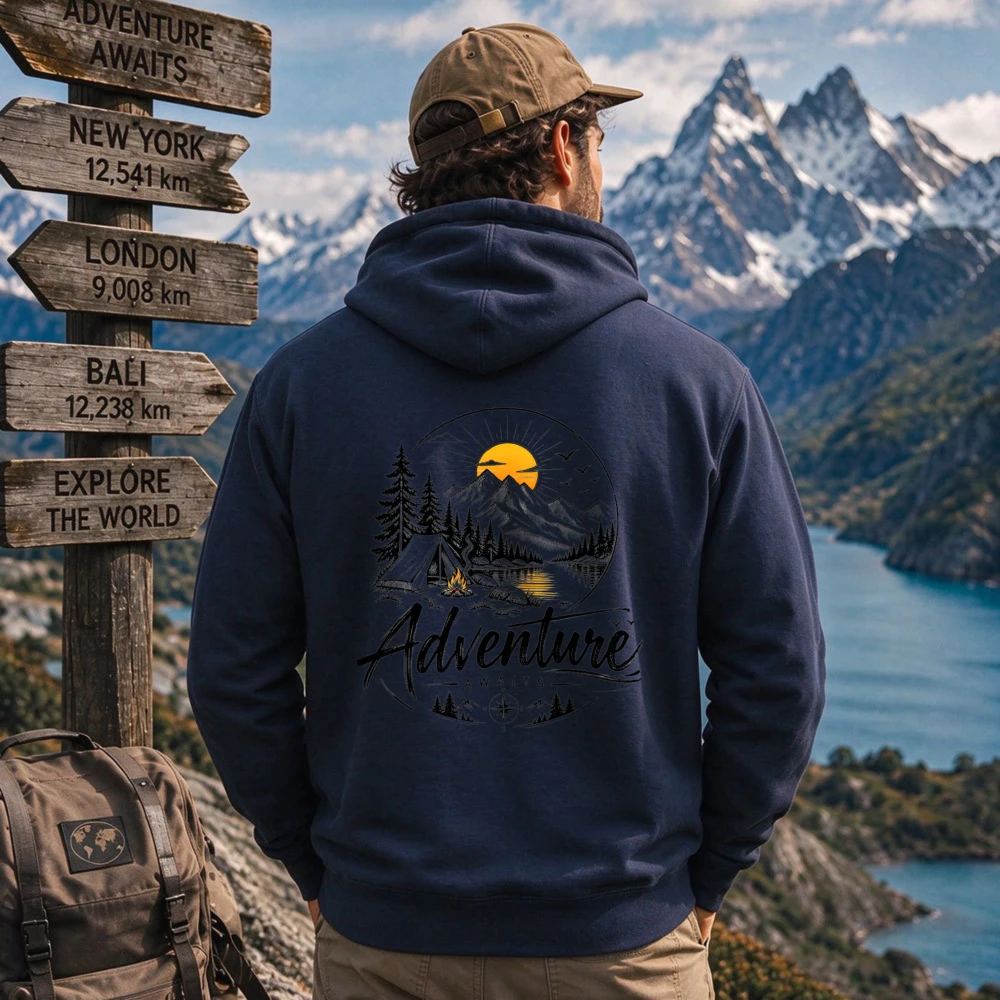 Adventure Camping Mountain Sunset Graphic Hoodie Unisex Outdoor Hiking Pullover Sweatshirt Forest Tent Nature Lover Casual Tops