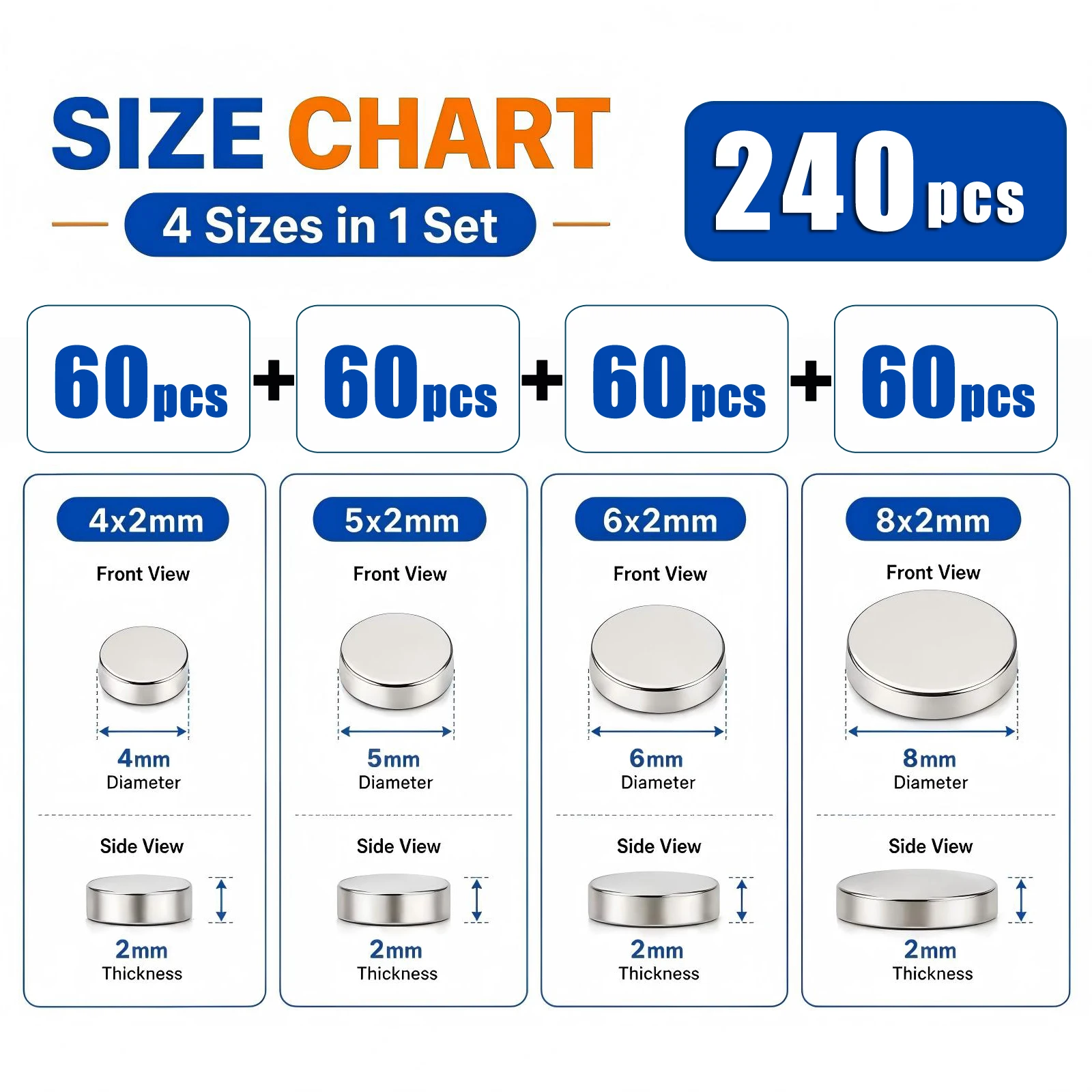 240 Pieces Magnets For 3D Printing,4x2 5x2 6x2 8x2mm Mini Strong Magnets For 3D Printing,Refrigerator,Office, DIY, Crafts