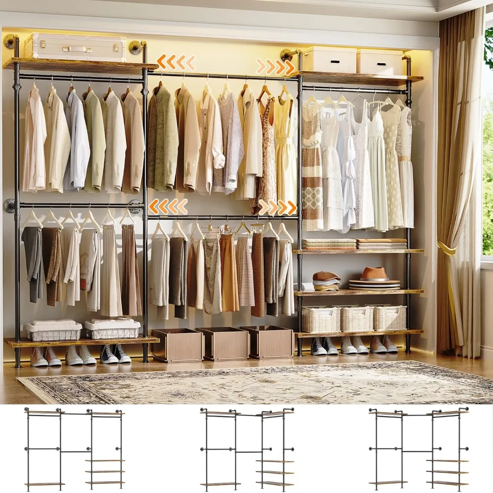 Industrial Pipe Clothing Rack, Expandable Garment Rack, Closet System with Wood Shelves for Hanging