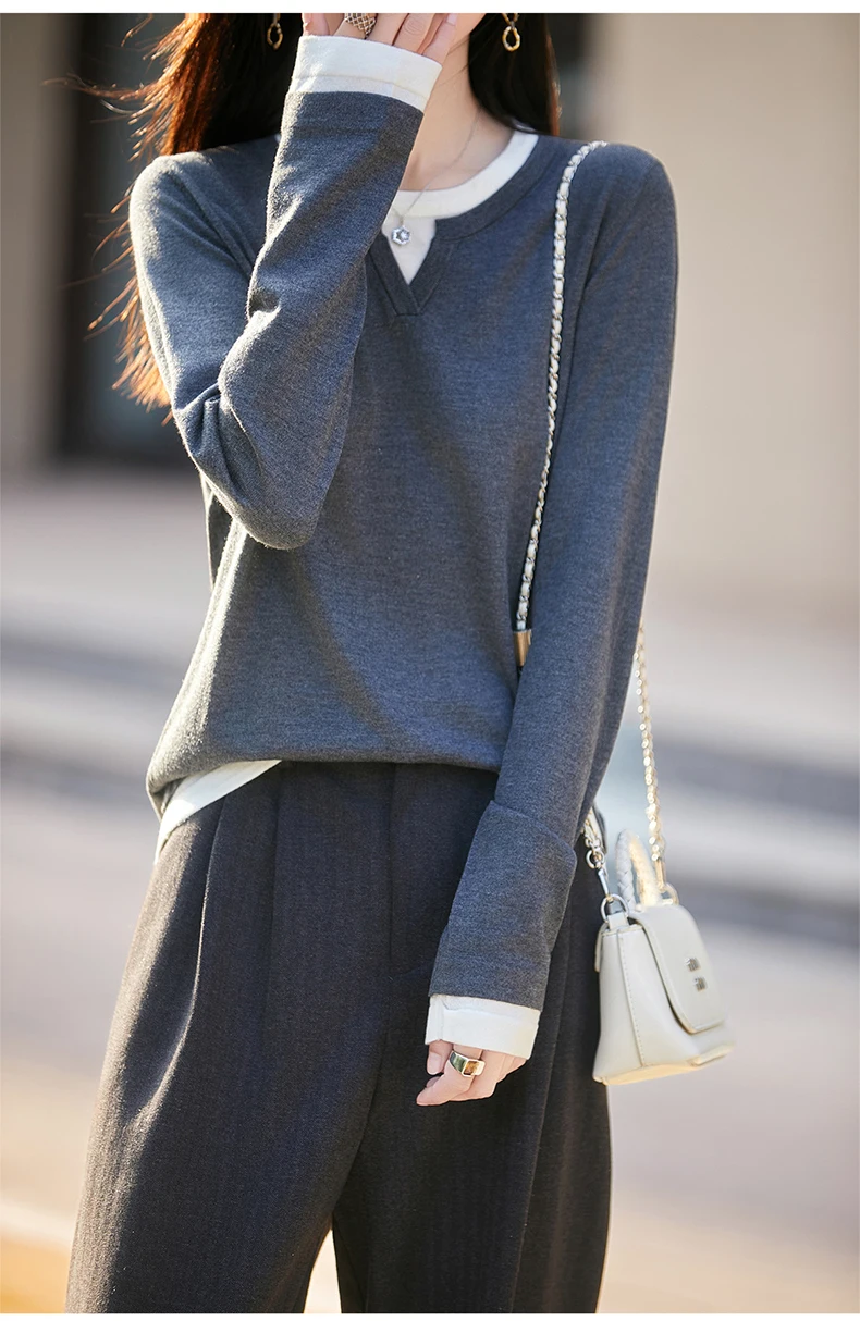 French contrast fake two-piece sweater women's new worsted thin color matching long sleeve cashmere sweater