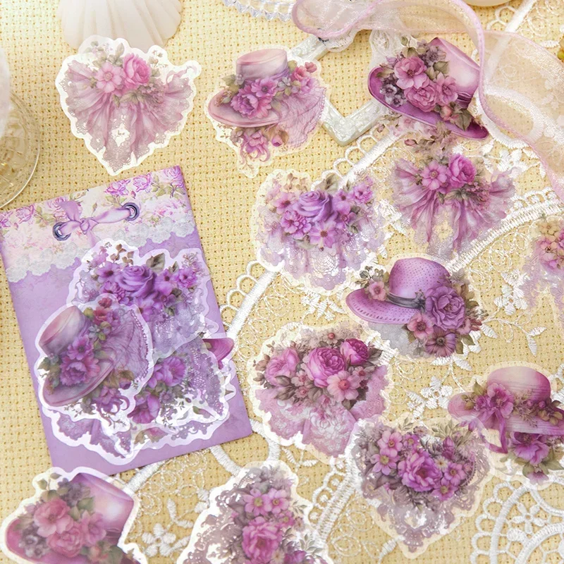 20Pcs Flowers Stickers Floral Roses Pink Romance Literary Artistic Lace Materials Supplies Handbook Scrapbook cut 16*9CM