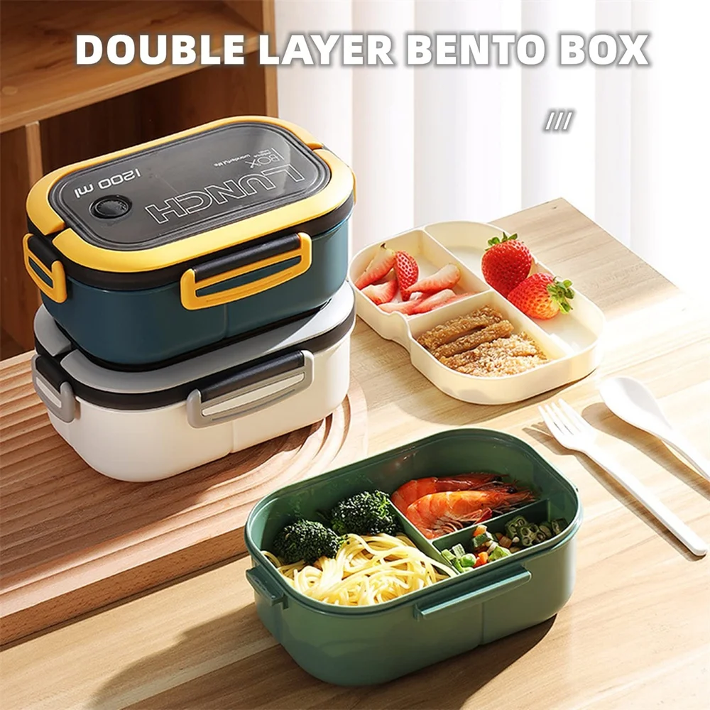 1200ml Lunch Box Double Layer 2x3 Compartment Lunch Box with Removable Utensil Set Food Container for Students Workers