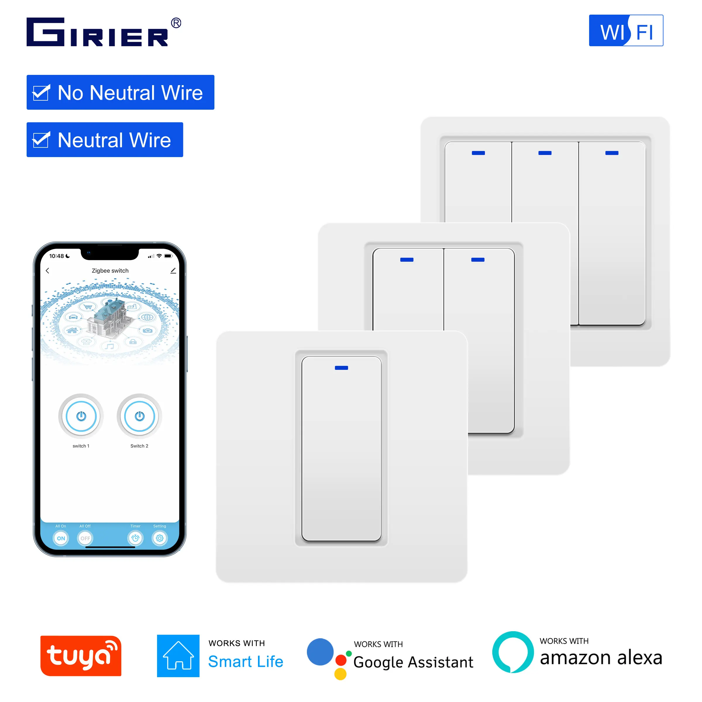 GIRIER Tuya Smart Light Switch WiFi Button Wall Switch 1 2 3 Gang No Neutral Wire Required 100-240V Works with Alexa Google Home