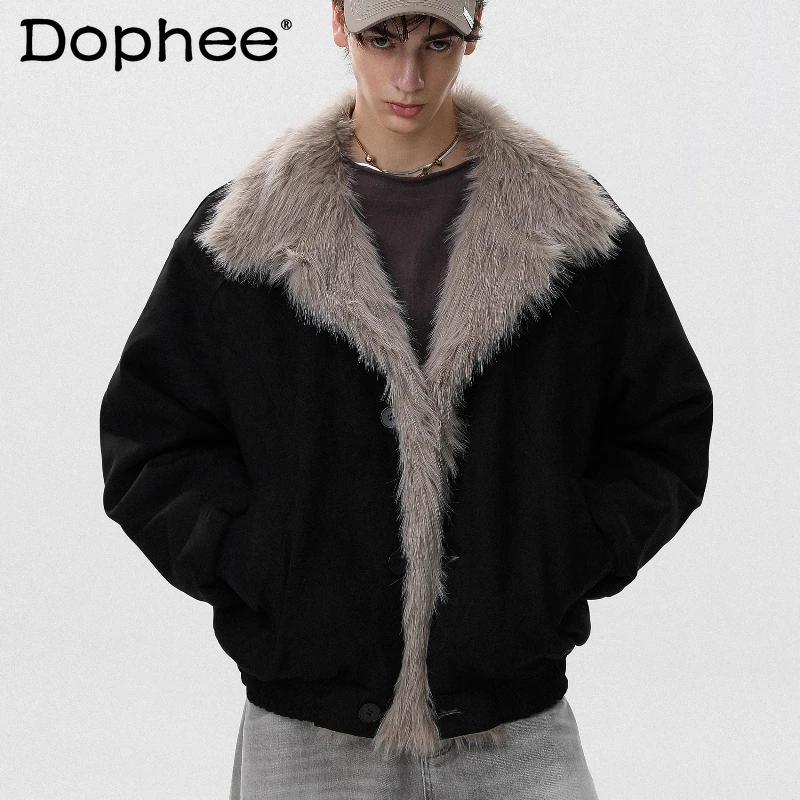 

Men's 2025 Autumn New American Style Retro Faux Fur Integrated Thickened Warm Parkas Lapel Trend Cotton Jackets Solid Color Tops
