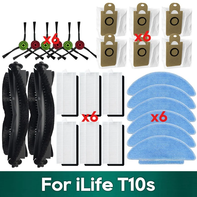 A94E Replacement Parts for iLife T10s Robot Vacuum, Main Side Brush, Hepa Filter, Mop Cloth, Dust Bag, 6 Side Brushes, 6 Filters
