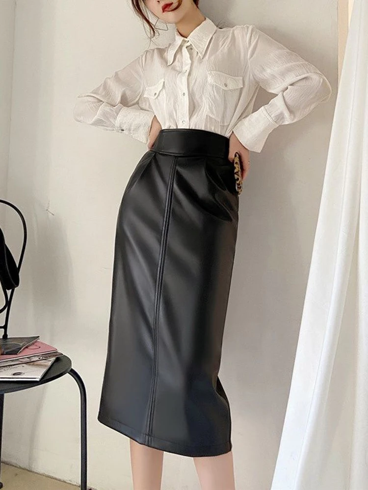 Women Autumn Winter New High Waisted Split Pencil  Long Skirts Fashion Commute Elegant Slimming Pu Leather Half Skirt