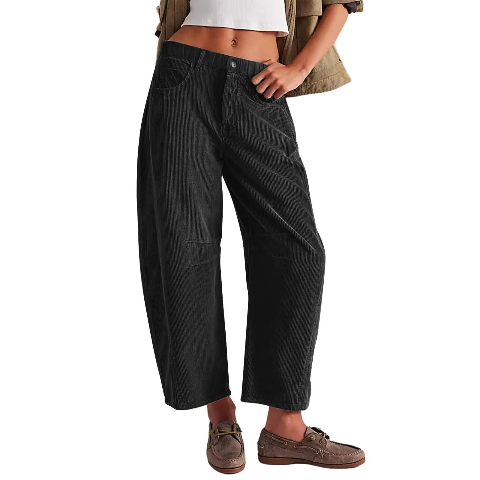 Women's Retro Corduroy Pants Barrel Mid Elastic Waist Pants Casual Wide Leg Baggy Trouser with Pockets All Match Black Pant