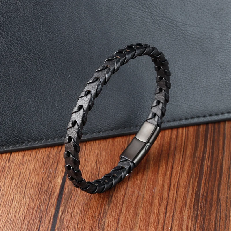Stainless Steel Black Leather Bracelet For Men Stripe/Box Chain Color Choose Fashion Bangles Jewelry Birthday Party Gift