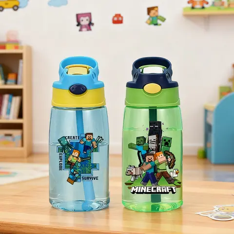 480ml Game Theme Male Water Bottle Minecrafted Portable Straw Travel Bottles Gym Sports Fitness Cup Water Juice Drinking Bottle